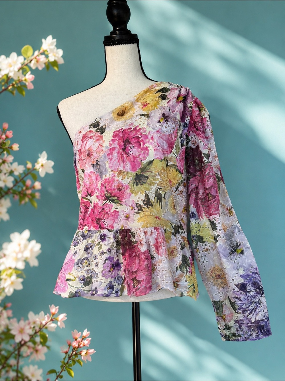 Express Floral Eyelet One Shoulder Peplum Blouse Cotton Lined Size 14